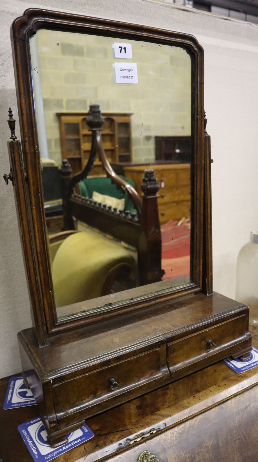 A George II walnut toilet mirror, width 42cm, height 62cm